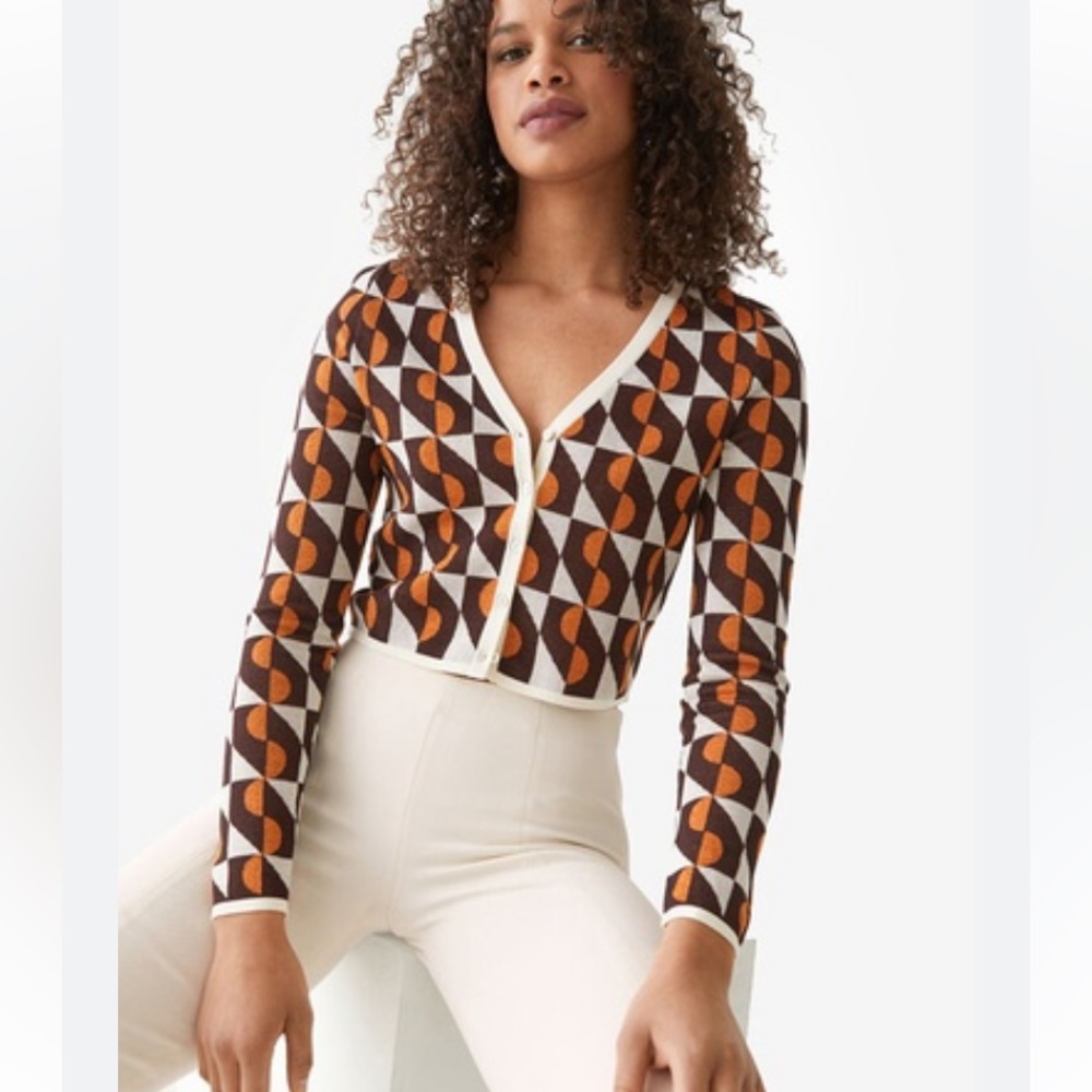 & Other Stories Geometric Jacquard Fine Knit Fitted Cardigan Brown Orange